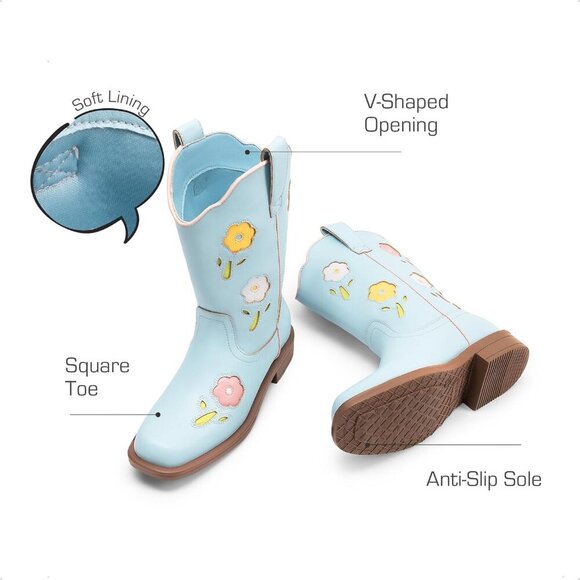 Girls Western Cowboy Boots Mid-Calf Riding Shoes for Kids - Picture 4 of 6